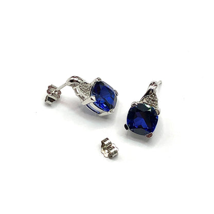 Womens Chrome Fashion Style - Earrings - 10k White Gold Royal Blue Sapphire Diamond Earrings - Drop Earrings 