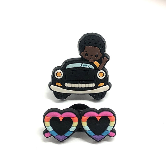 Shoe Charms, Bundle of 2 Jibbit Style Heart Sunglasses & Cute Dark Skin Teen Boy Happy Car Driver - Crocs Shoe Charms