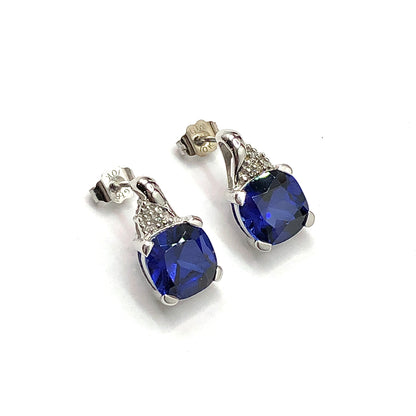 Earrings - 10k White Gold Royal Blue Sapphire Diamond Earrings - Drop Earrings - Affordable ✅ Jewelry