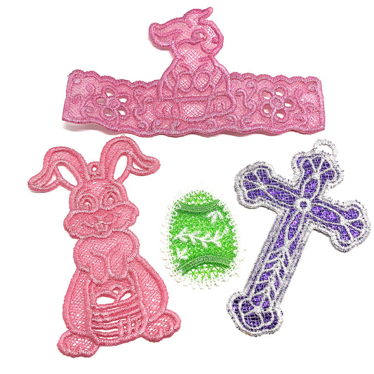 Bundle of 5 Embroidered Easter Ornaments Rabbit Cross Egg and Holder