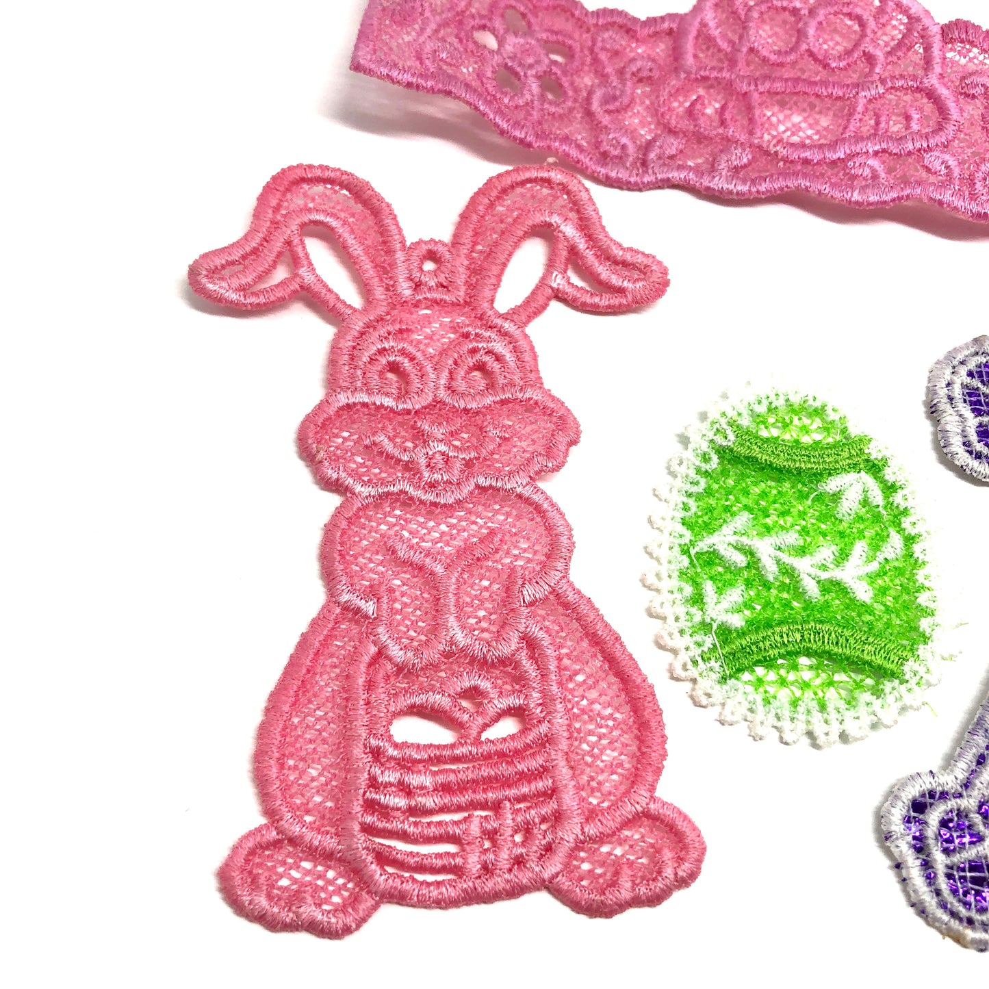 Bundle of 5 Embroidered Easter Ornaments Rabbit Cross Egg and Holder