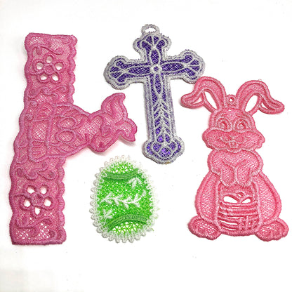 Bundle of 5 Embroidered Easter Ornaments Rabbit Cross Egg and Holder