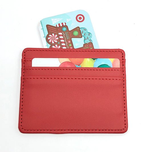 Credit Card Holder Wallet, 4in Red Faux Leather Thin Slim Profile Wallet