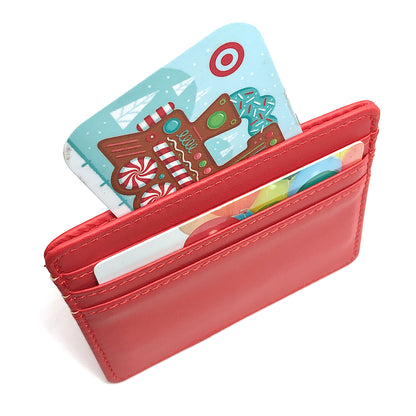 Credit Card Holder Wallet, 4in Red Faux Leather Thin Slim Profile Wallet