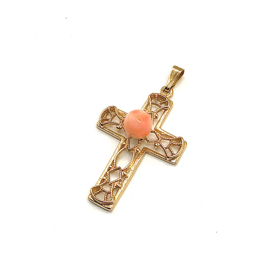 Vintage Jewelry - Angel Skin Coral Filigree Cross 14k Gold Pendant