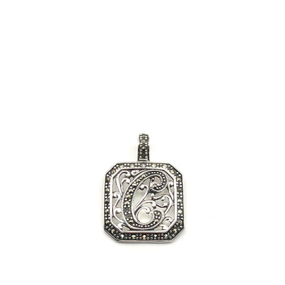 Monogram Pendant, Mens Womens Scrolling Victorian Style Marcasite Stone Letter Initial C Sterling Silver Enhancer Pendant - Estate Jewelry