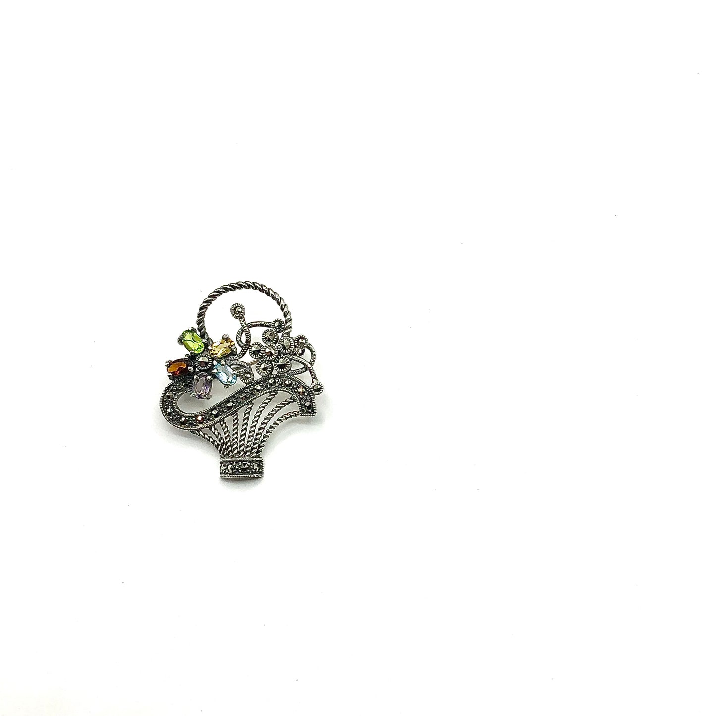 Silver Brooch, Beautiful Gemstone Flower Basket Sterling Silver Brooch Lapel Pin - Discount Estate Jewelry