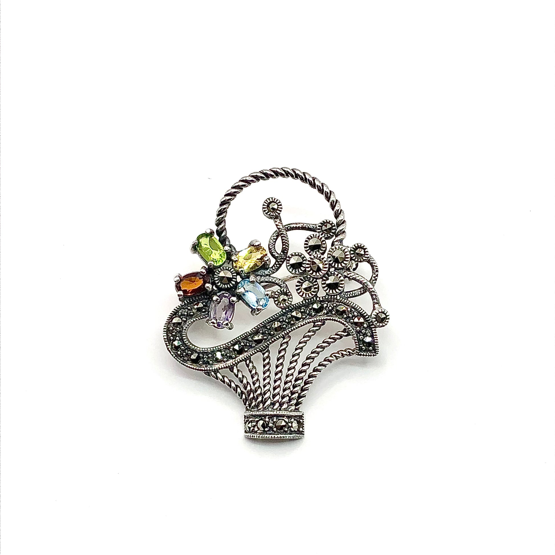 Vintage Sterling Silver Brooch Unisex Flower Basket Multi Gemstone Pin