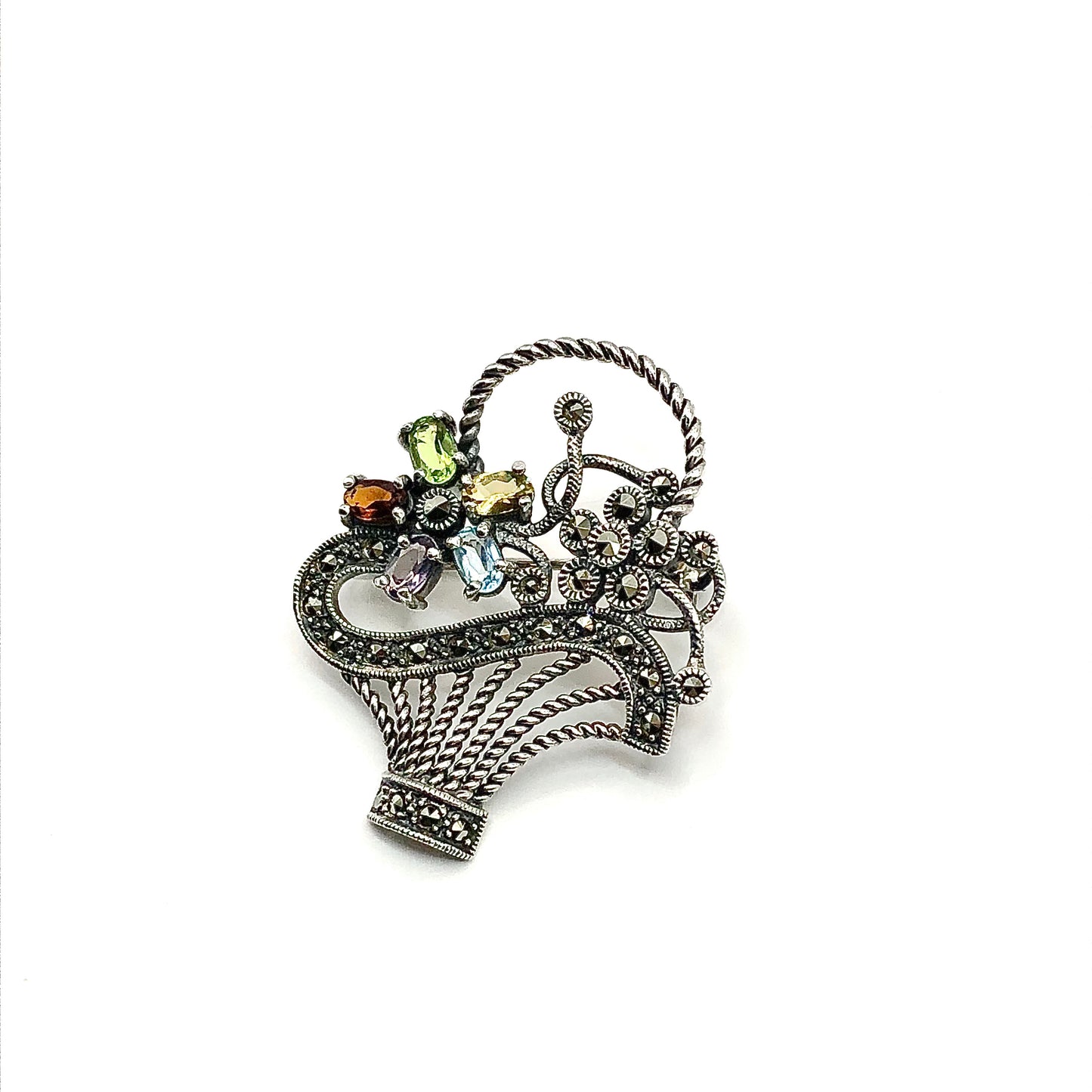 Silver Brooch, Beautiful Gemstone Flower Basket Sterling Silver Brooch Lapel Pin - Discount Estate Jewelry