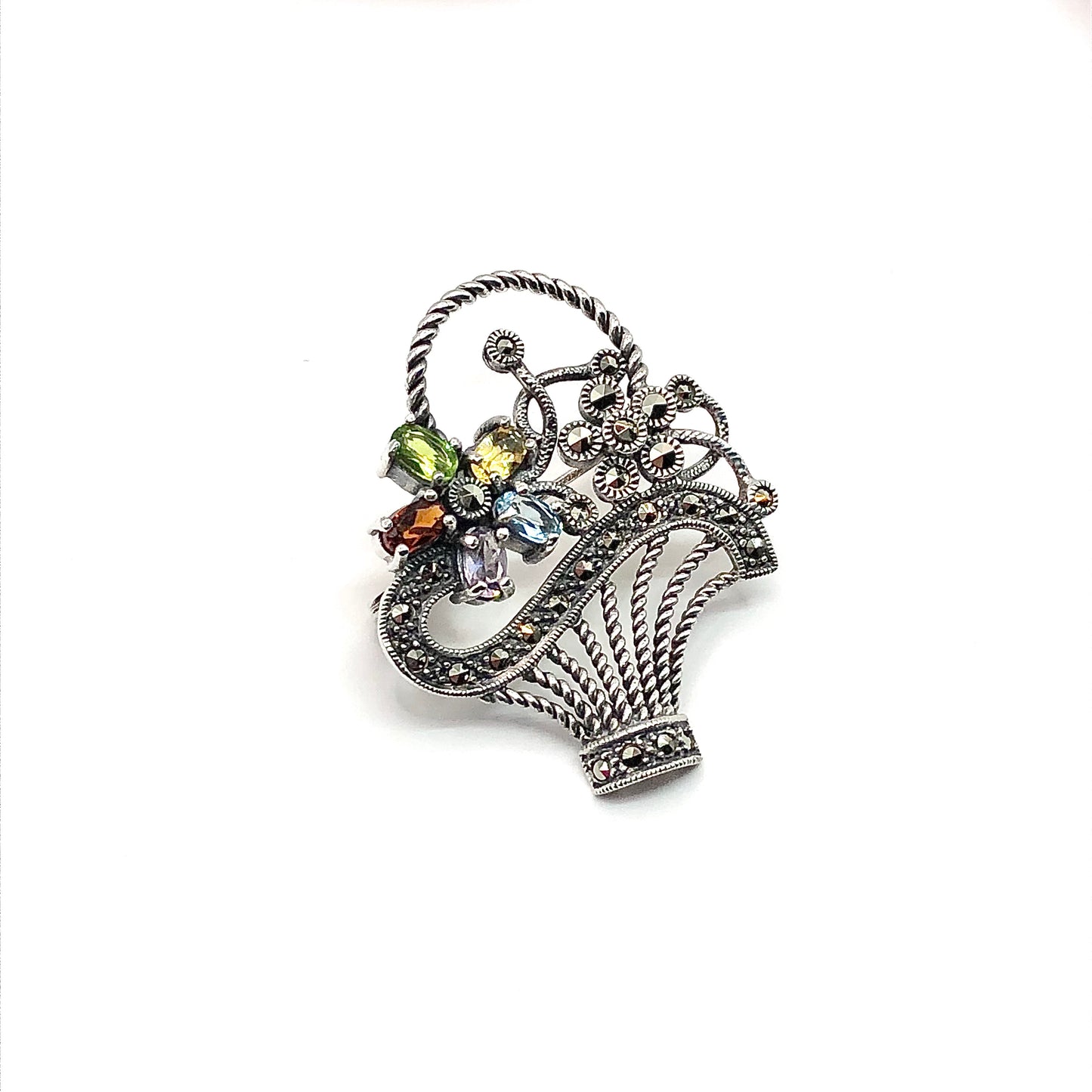 Silver Brooch, Beautiful Gemstone Flower Basket Sterling Silver Brooch Lapel Pin - Discount Estate Jewelry