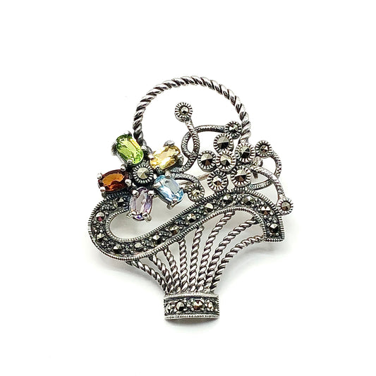 Silver Brooch, Beautiful Gemstone Flower Basket Sterling Silver Brooch Lapel Pin - Discount Estate Jewelry