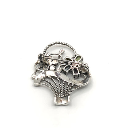 Silver Brooch, Beautiful Gemstone Flower Basket Sterling Silver Brooch Lapel Pin - Discount Estate Jewelry