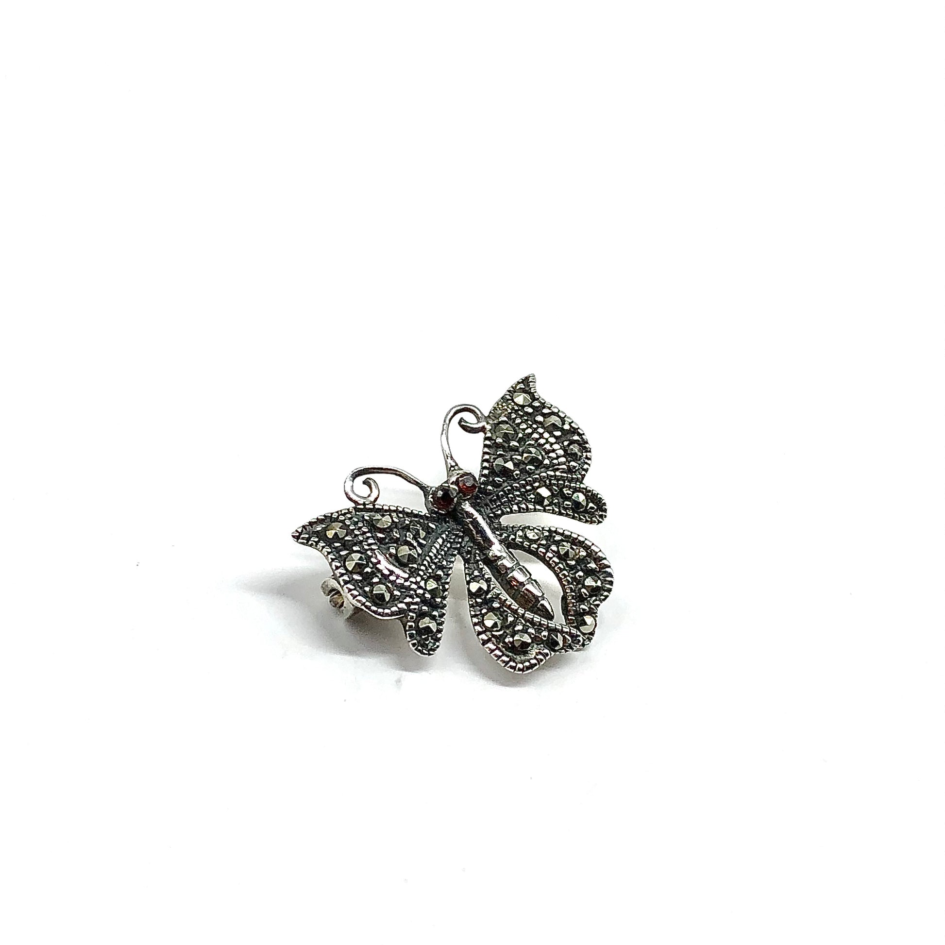 Brooch, Mens or Womens Sterling Silver Marcasite Stone Butterfly Brooch or Tie Pin