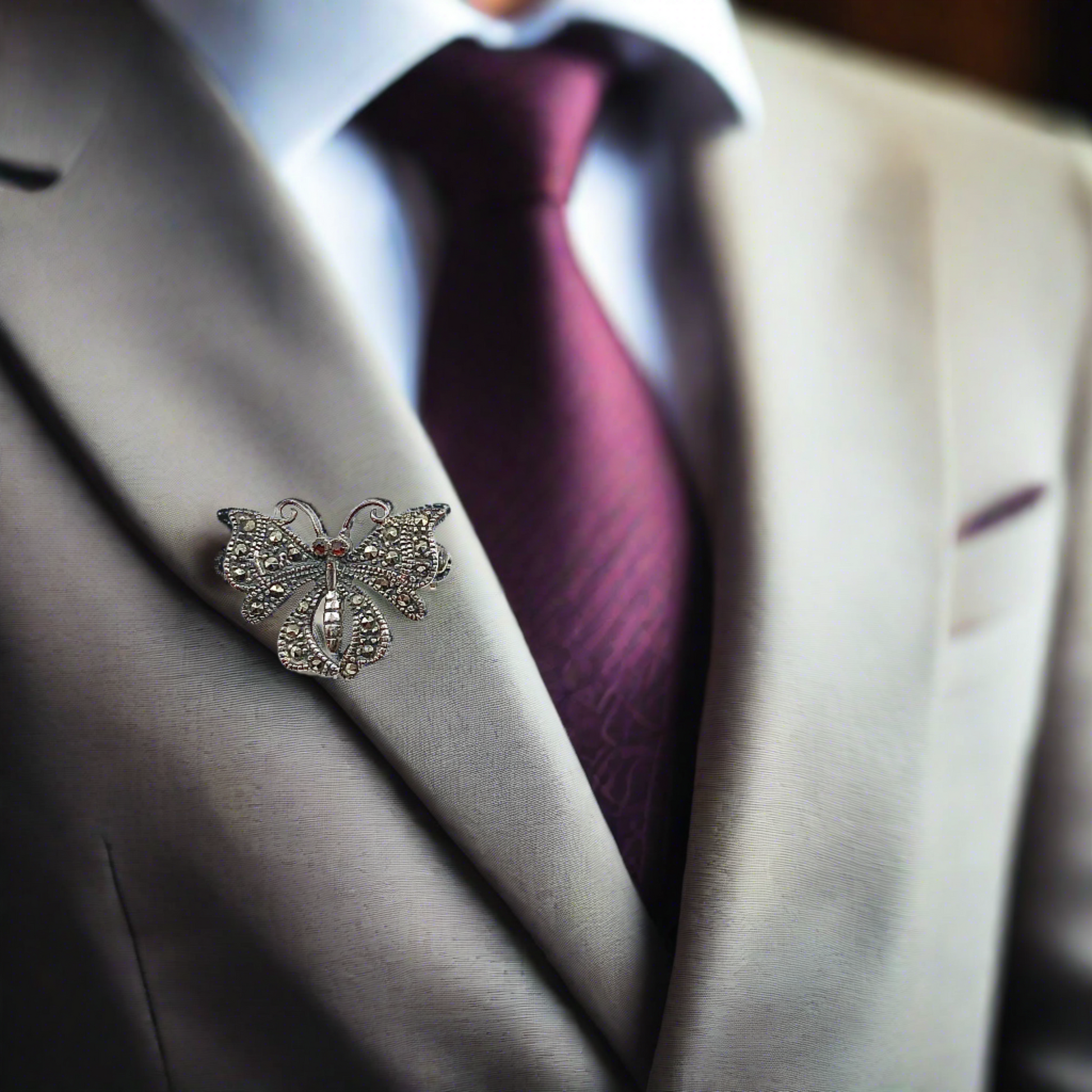 Sterling Silver Marcasite Stone Butterfly Brooch Lapel Pin