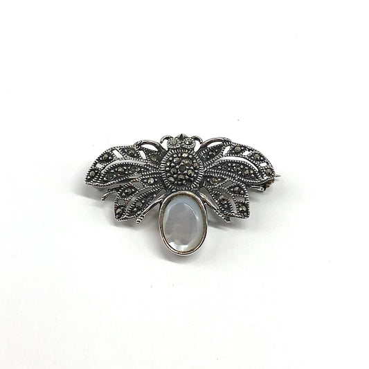 Silver Pin, Mens or Womens Unique Moth Style Sterling Silver White Pearl Brooch Pin