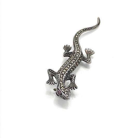 Sterling Silver Marcasite and Ruby Gemstone Lizard Brooch
