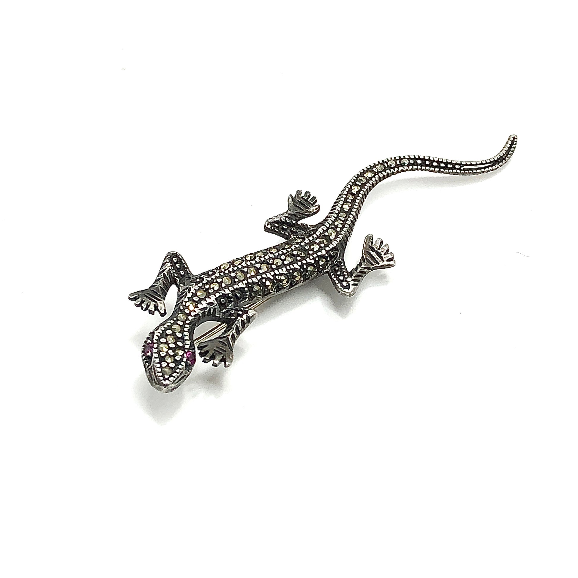 Brooch Mens or Womens Sterling Silver Marcasite and Ruby Gemstone Lizard Brooch Pin
