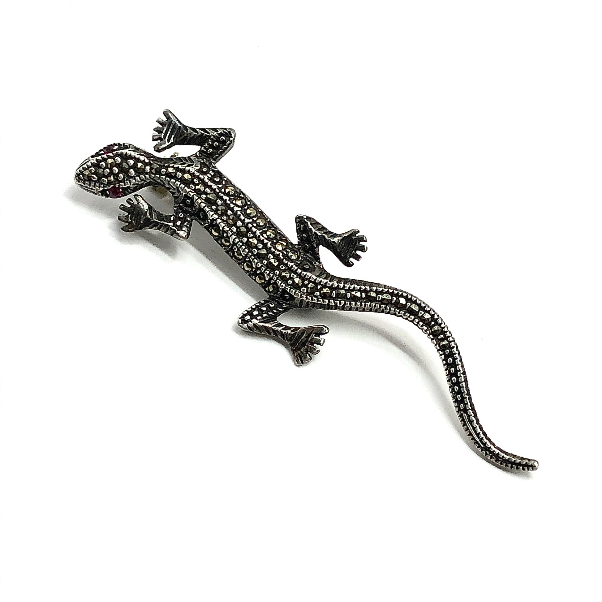 Brooch Mens or Womens Sterling Silver Marcasite and Ruby Gemstone Lizard Gecko Brooch Pin