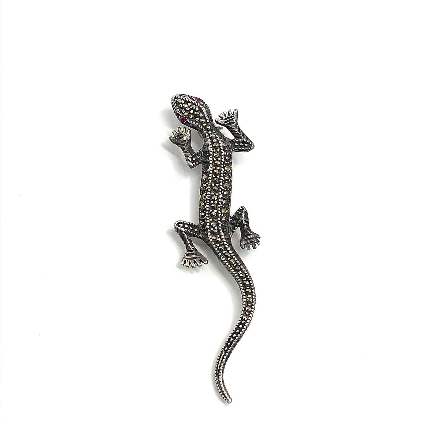 Brooch Mens or Womens Sterling Silver Marcasite and Ruby Gemstone Lizard Brooch Pin