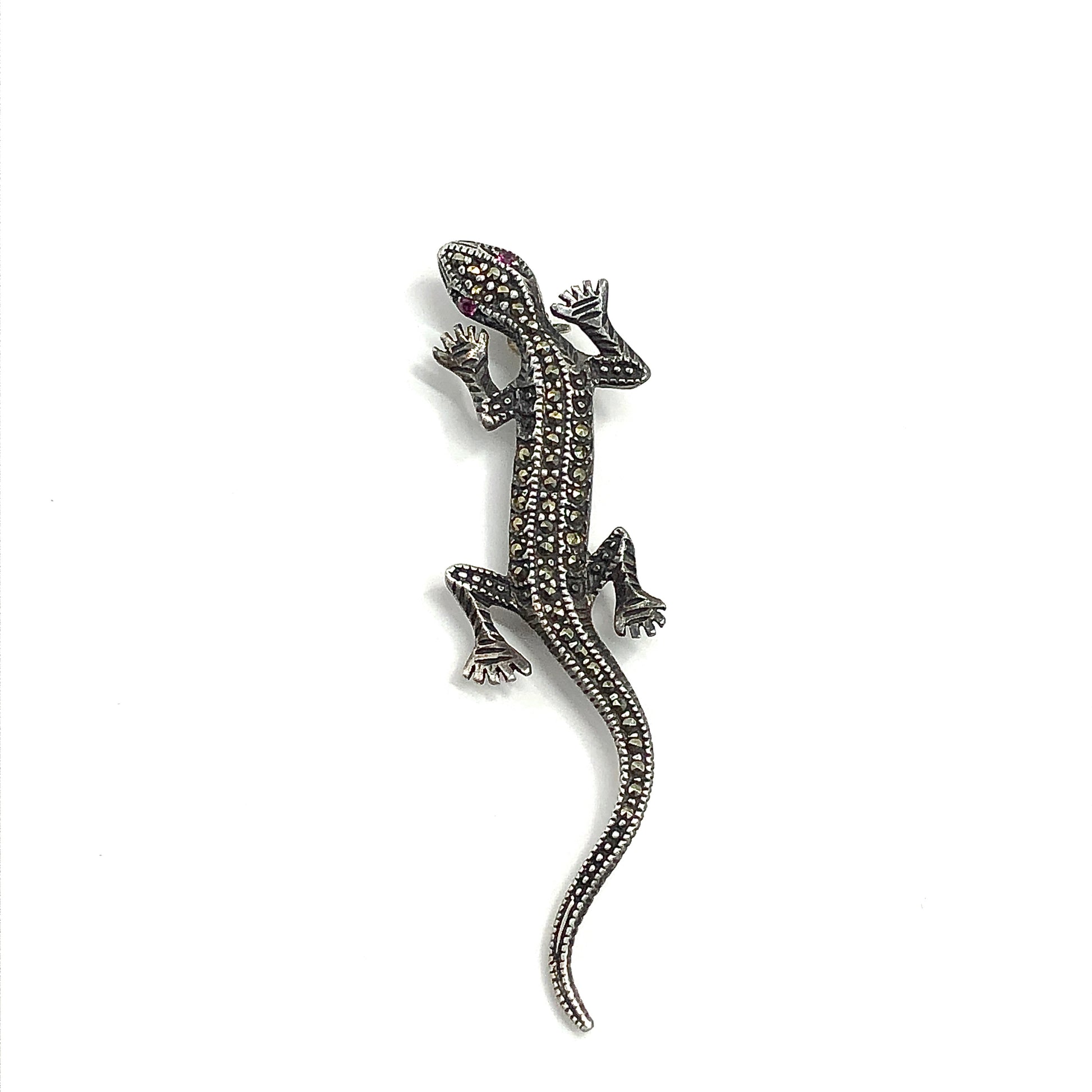 Brooch Mens or Womens Sterling Silver Marcasite and Ruby Gemstone Lizard Brooch Pin