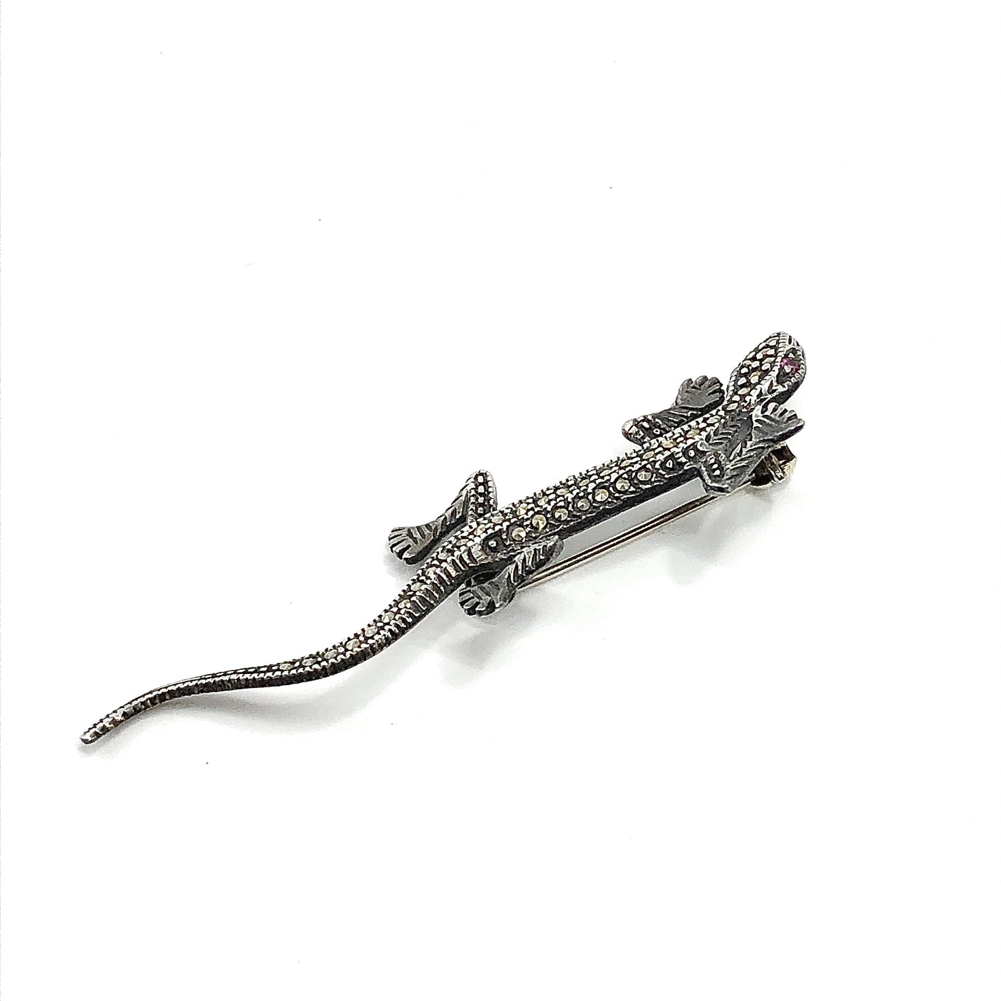 Brooch Mens or Womens Sterling Silver Marcasite and Ruby Gemstone Lizard Brooch