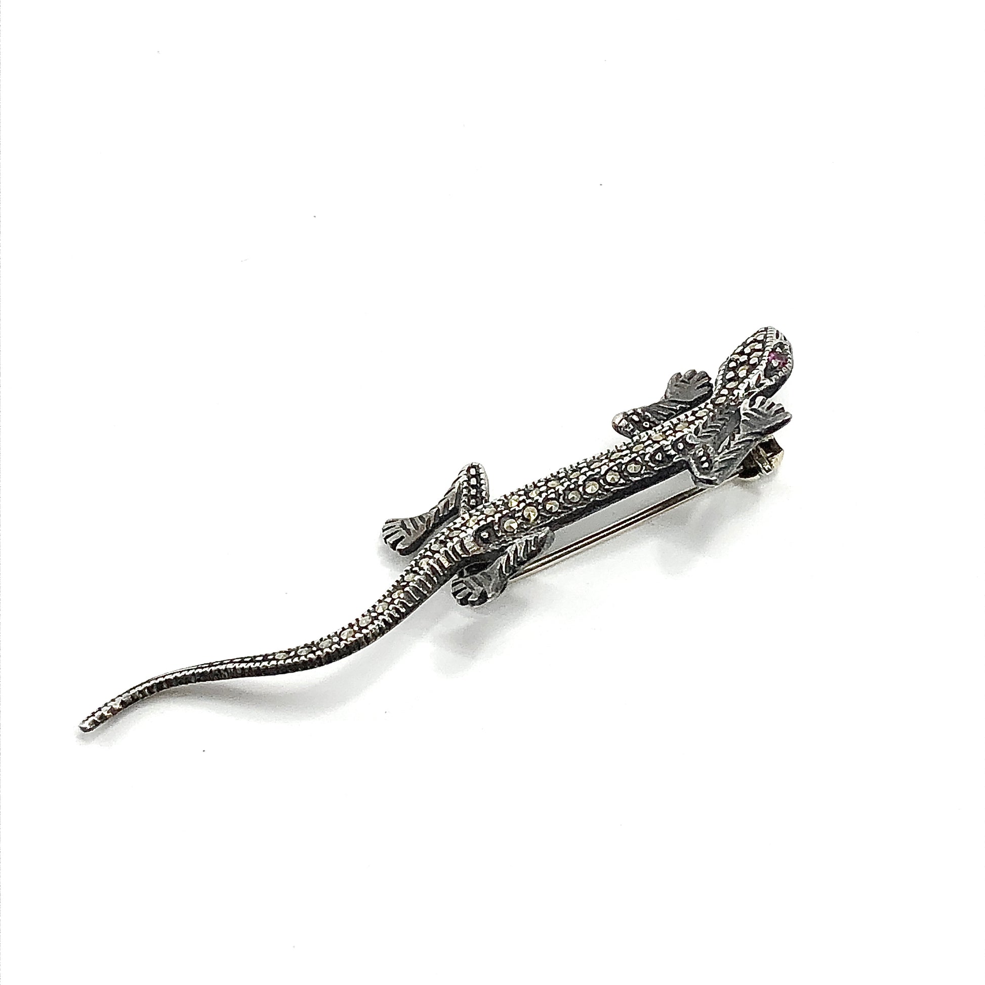 Brooch Mens or Womens Sterling Silver Marcasite and Ruby Gemstone Lizard Brooch