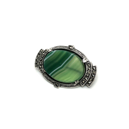 Sterling Silver Vintage Green Banded Agate Marcasite Stone Brooch Lapel Pin