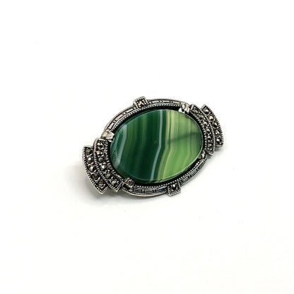 Brooch Pin Sterling Silver Mens Womens Vintage Green Banded Agate Marcasite Brooch Lapel Pin