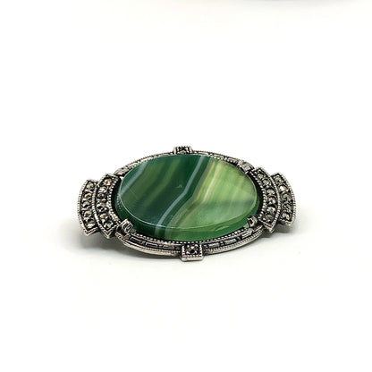 Brooch Pin Sterling Silver Mens Womens Vintage Green Agate Marcasite Brooch Pin