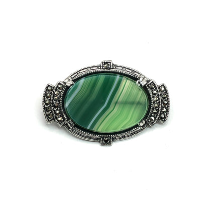 Brooch Pin Sterling Silver Mens Womens Vintage Green Banded Agate Marcasite Brooch Lapel Pin