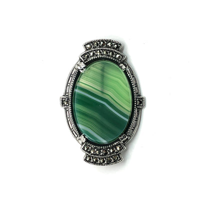 Brooch Pin Sterling Silver Mens Womens Vintage Green Banded Agate Marcasite Brooch Lapel Pin - Blingschlingers Jewelry