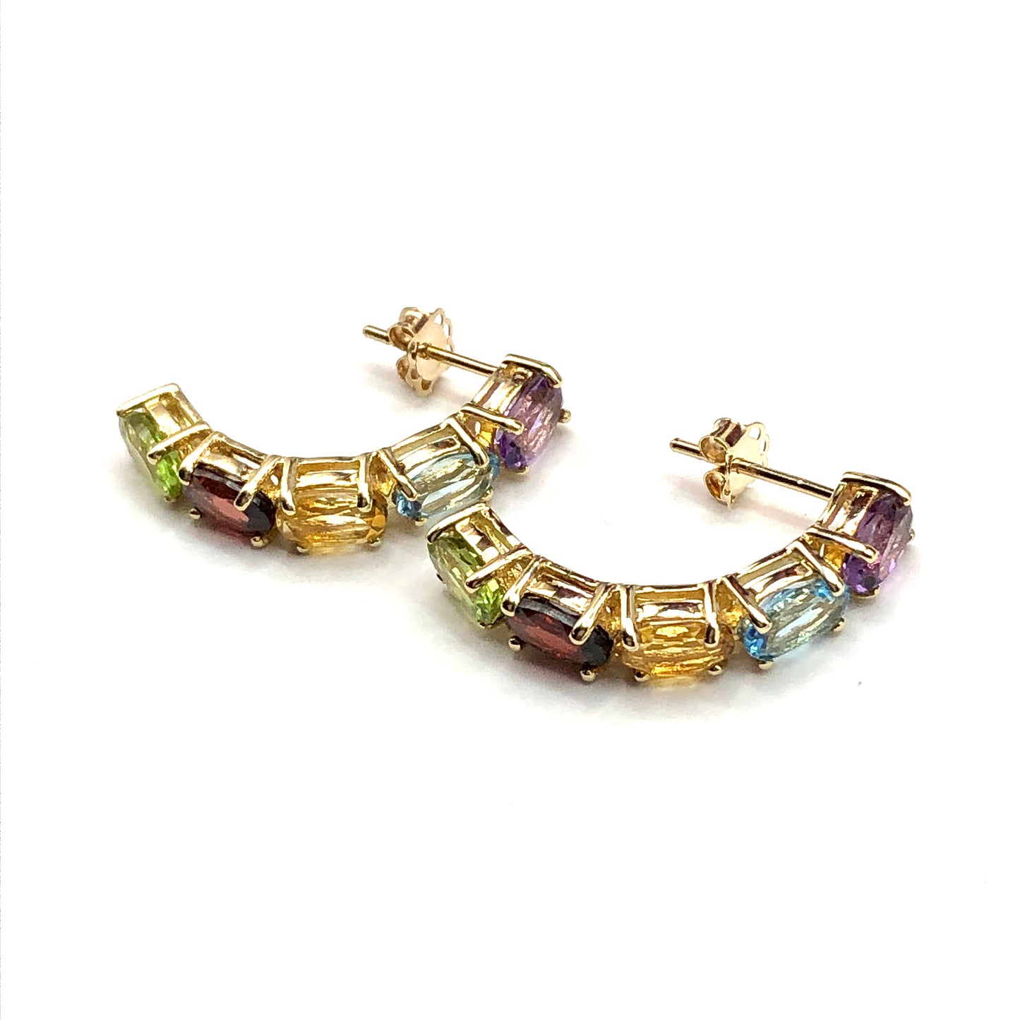 Hoop Earrings - Womens 10k Gold Multi Gemstone Half Hoop Earrings - Tennis Hoop Semi-Precious Stone Earrings