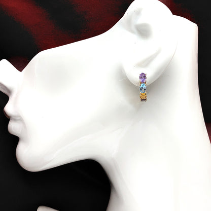 Hoop Earrings - Womens 10k Gold Multi Gemstone Half Hoop Earrings - Tennis Bracelet Style Hoop Semi-Precious Stone Earrings