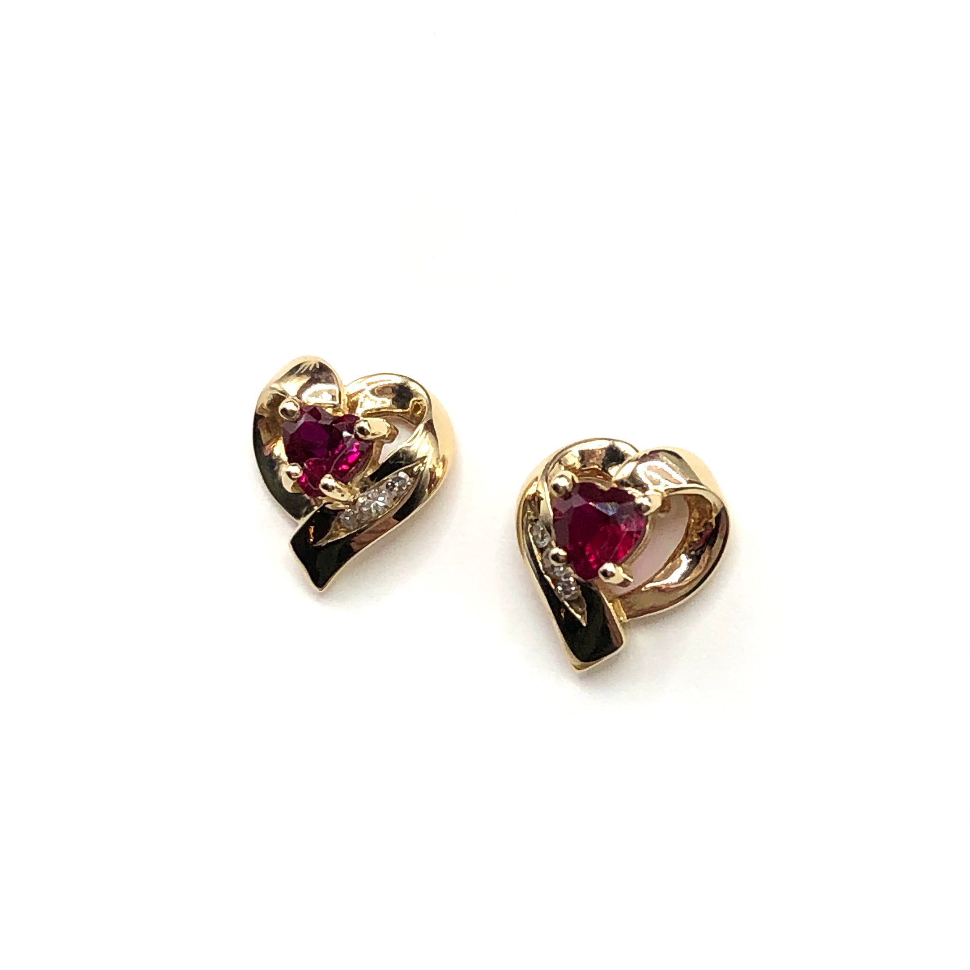 Earrings Womens 10k Gold Ruby & Diamond Looping Heart Earrings - Gemstone Stud Earrings