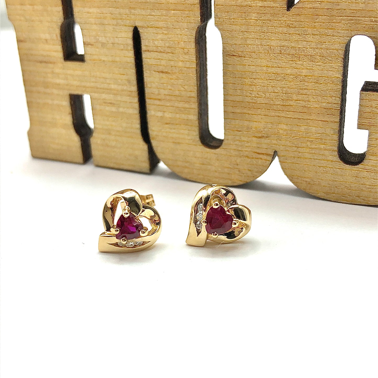 Earrings Womens 10k Gold Ruby & Diamond Looping Heart Earrings - Gemstone Stud Earrings - 2024