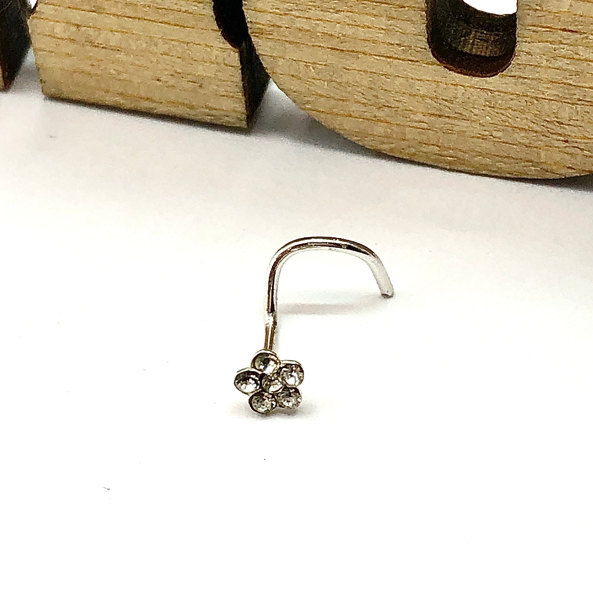 Nose Ring - Womens Sterling Silver 3mm Crystal Flower Stud Nose Ring - Corkscrew Style Nose Ring