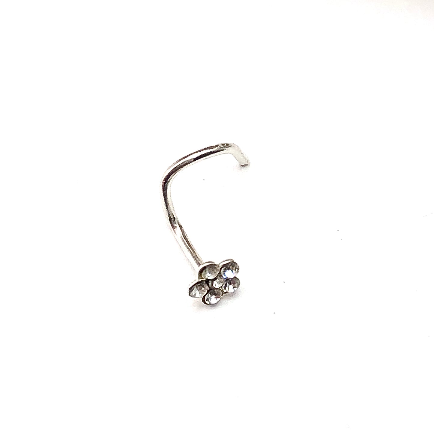 Nose Ring - Womens Sterling Silver 3mm Crystal Flower Stud Nose Ring - Corkscrew Style Nose Ring