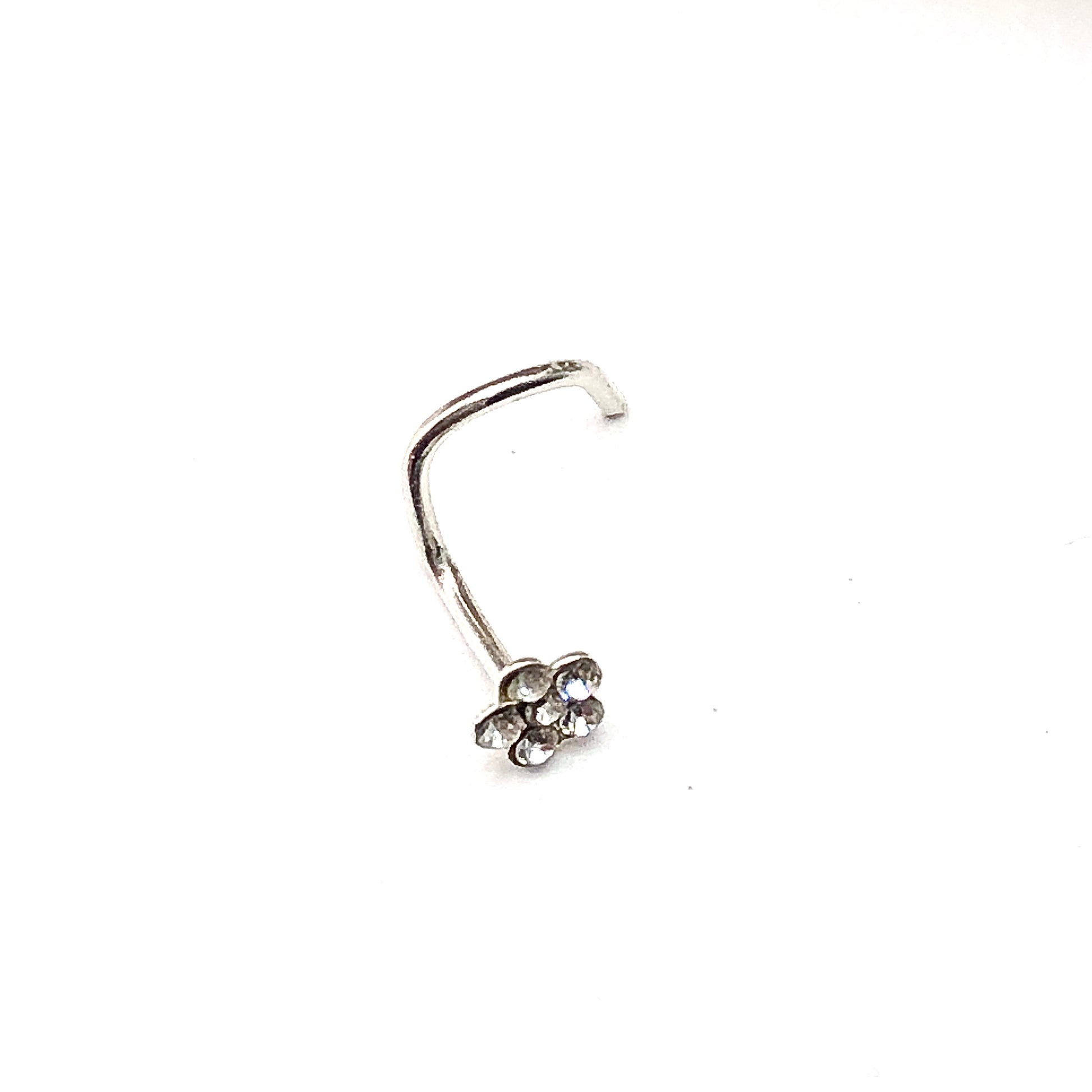 Nose Ring - Womens Sterling Silver 3mm Crystal Flower Stud Nose Ring - Corkscrew Style Nose Ring