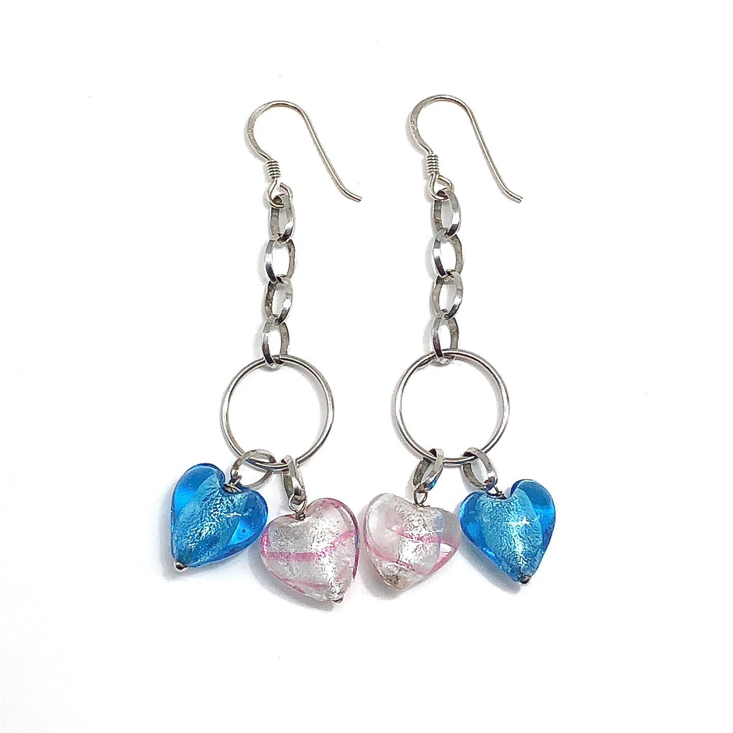 Venezia Blue Pink Murano Glass Heart Sterling Silver Dangle Earrings