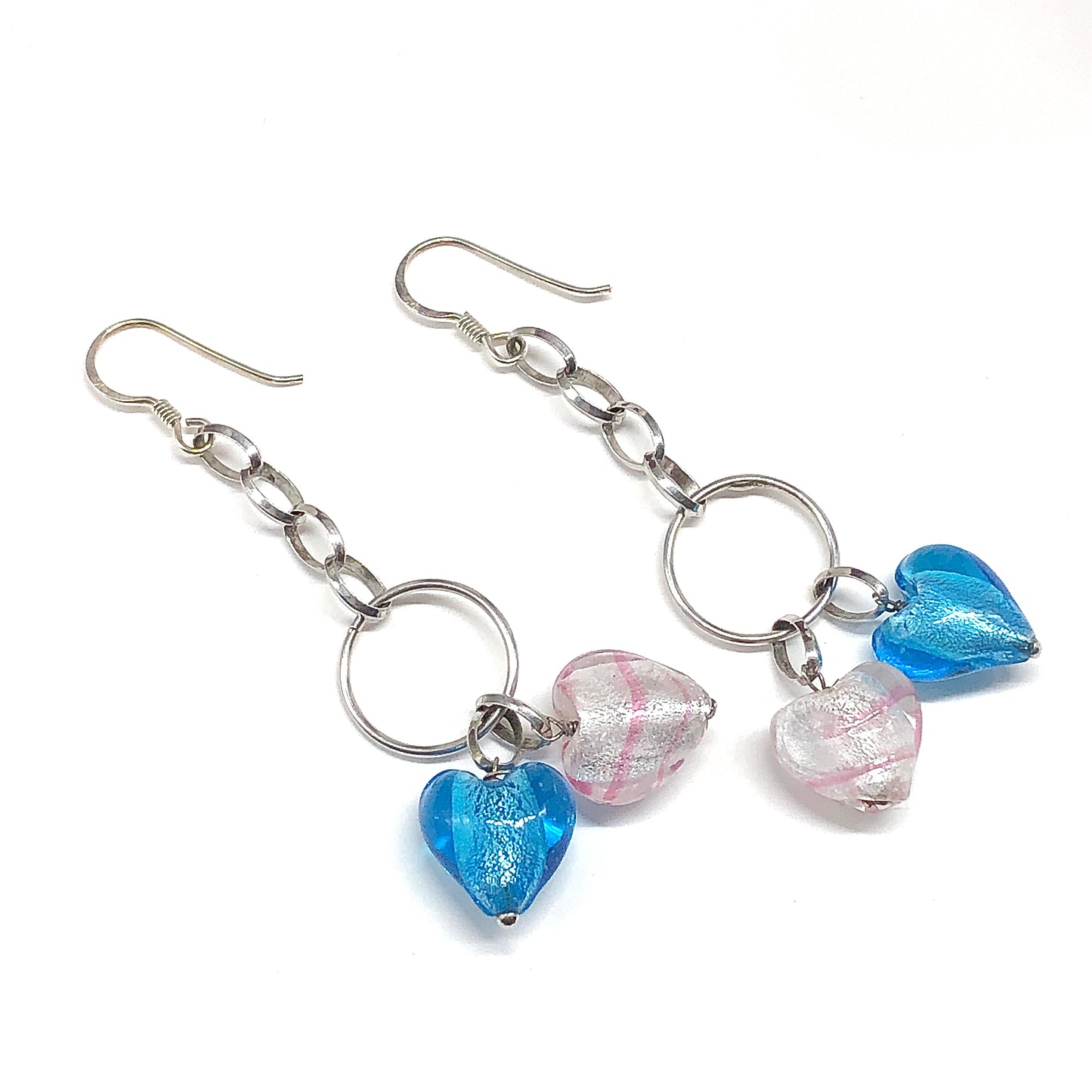 Venezia Blue Pink Murano Glass Heart Sterling Silver Dangle Earrings