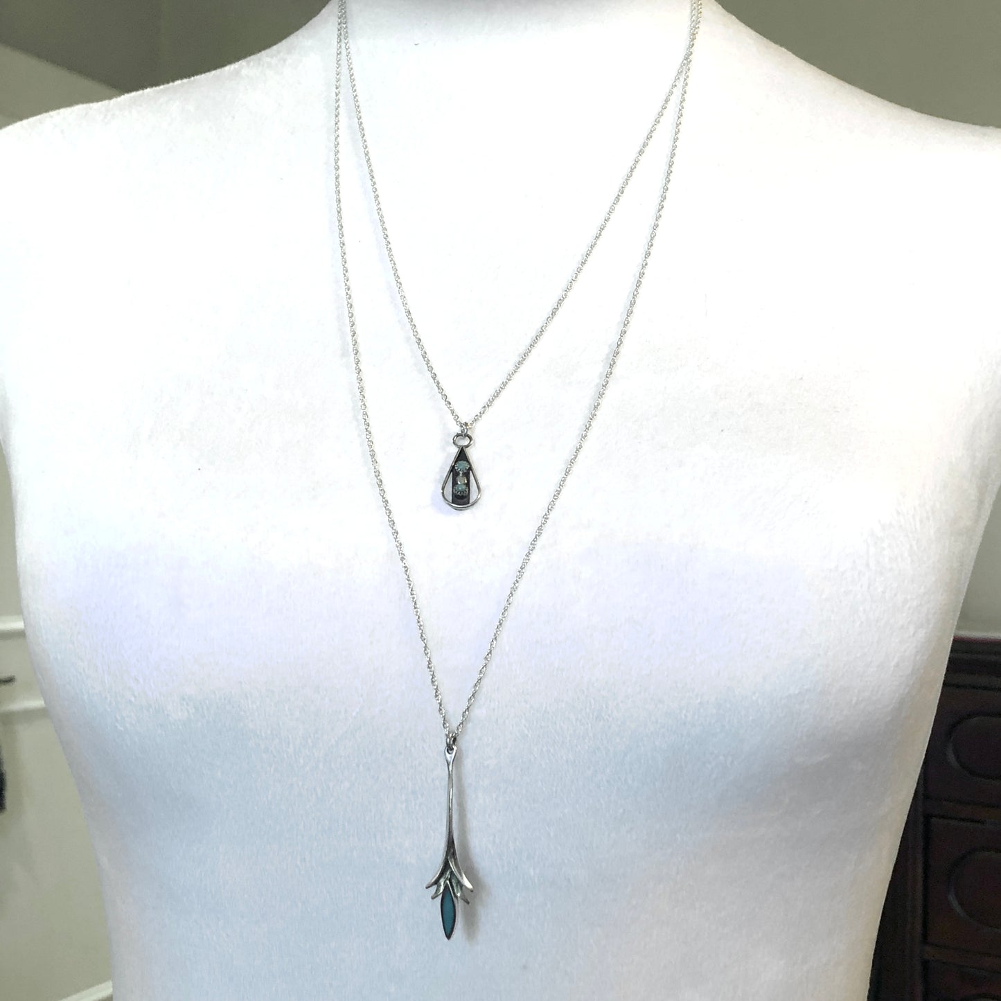 28" 2 Layer Style Sterling Silver Turquoise Charm Necklace