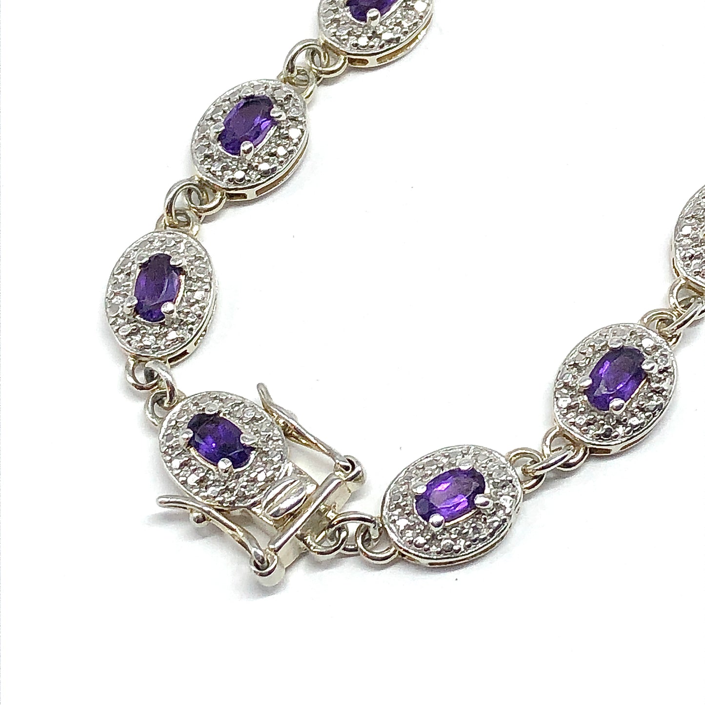 Bracelet - 925 Sterling Silver Purple Amethyst Gemstone Tennis Bracelet - 7.25in - Discount Estate Jewelry - Stacker Bracelet