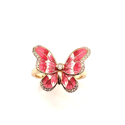 Ring - Womens Beautiful Gold Pink Butterfly Ring - Sterling Silver Zirconia Stone Ring - Cocktail Ring - Statement Ring