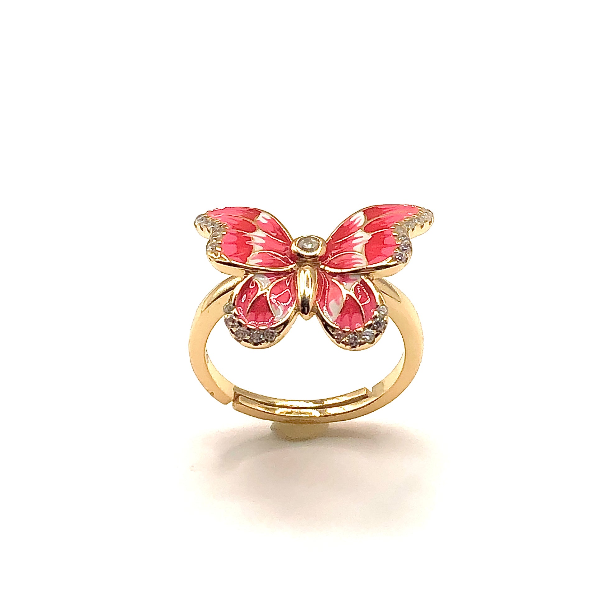 Ring - Womens Beautiful Gold Pink Butterfly Cocktail Ring - Sterling Silver Statement Ring