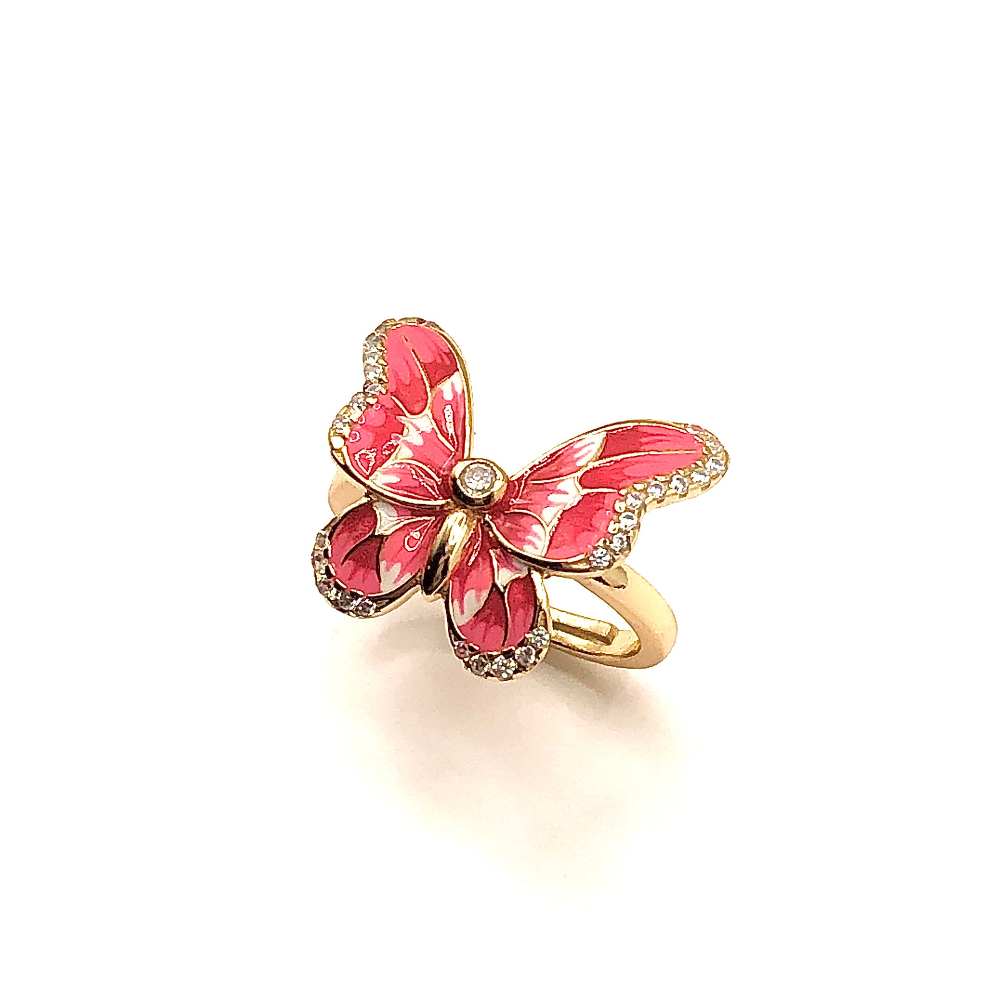 Ring - Womens Beautiful Gold Pink Butterfly Ring - Sterling Silver Zirconia Stone Ring - Cocktail Ring - Statement Ring