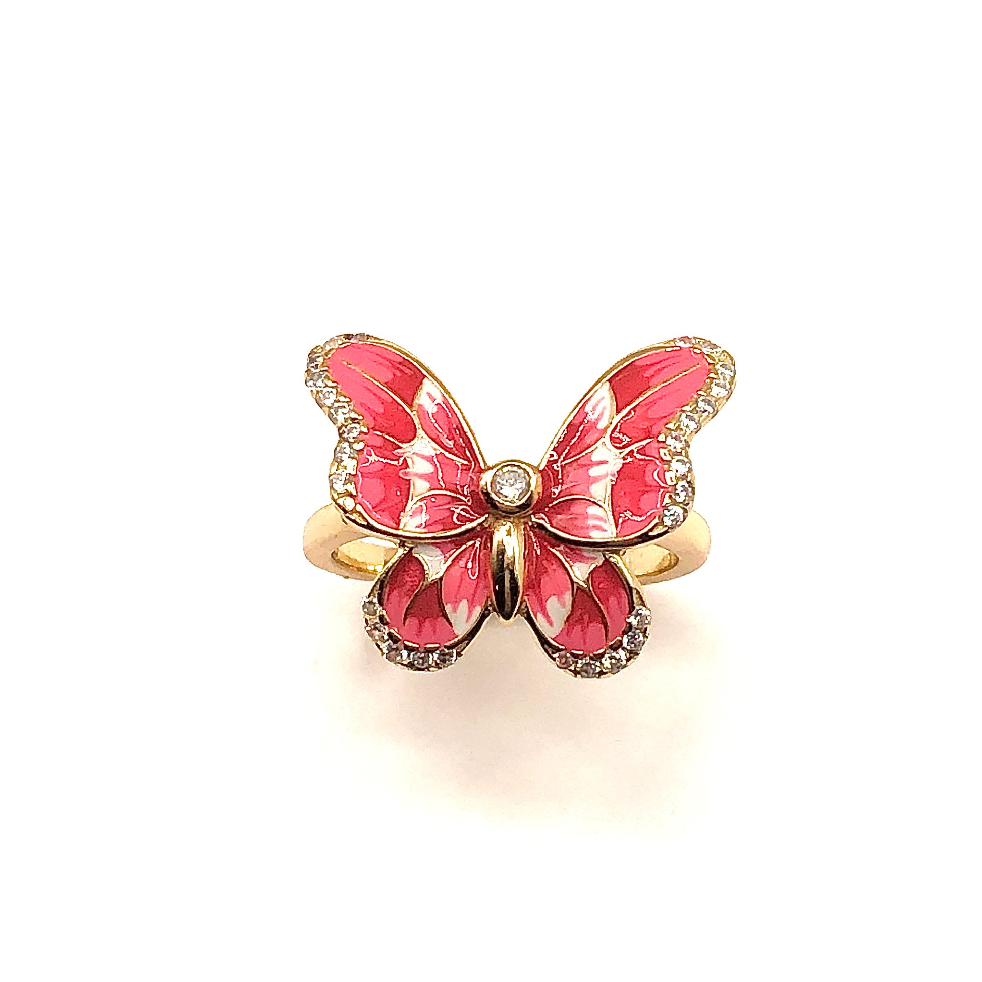 Ring - Womens Beautiful Gold Pink Butterfly Ring - Sterling Silver Stone Ring - Cocktail Ring - Statement Ring