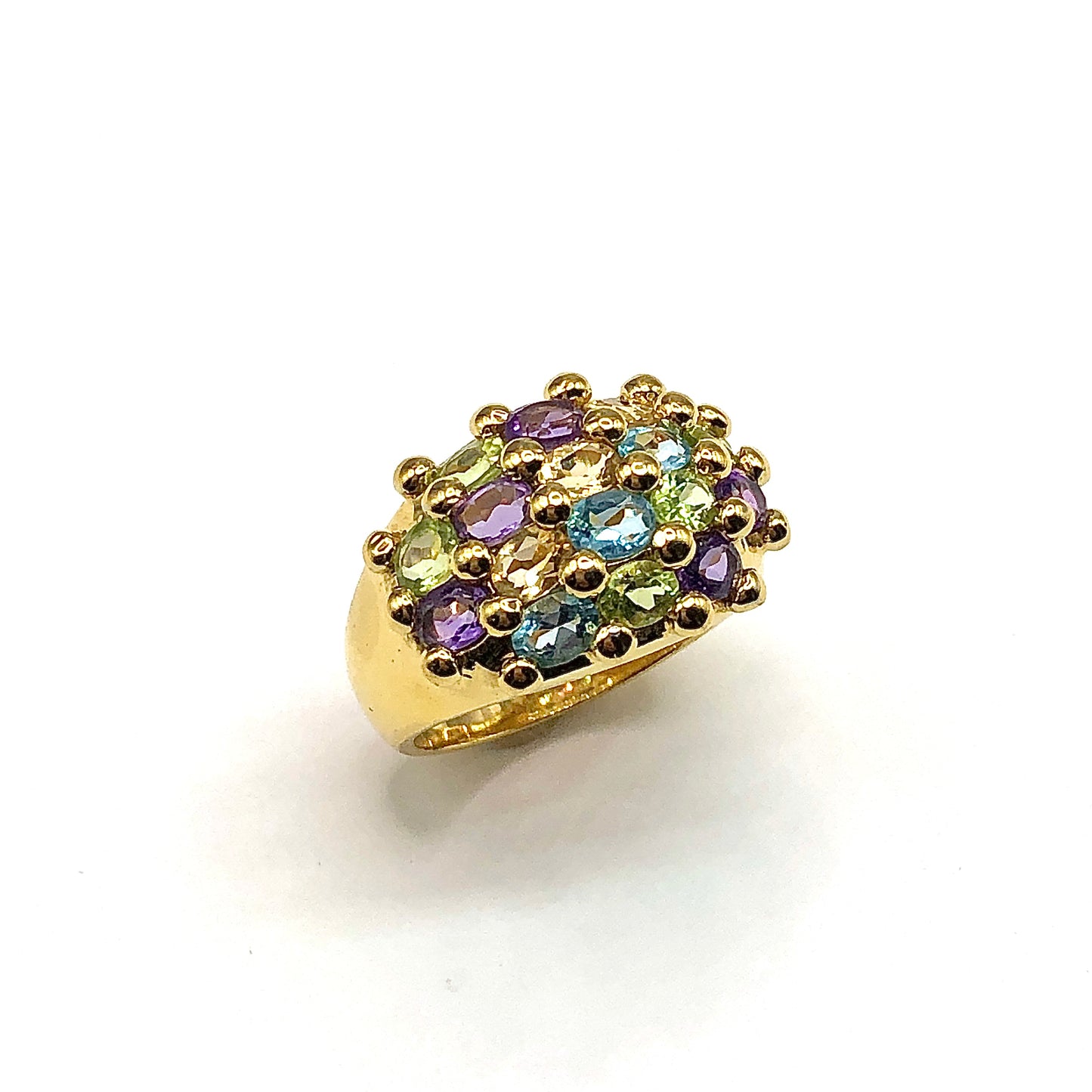 Gold Gemstone Ring, Perfectly Imperfect - Wide Domed Multi Stone Sterling Silver Gold Cocktail Ring size 7.25 - Estate Jewelry
