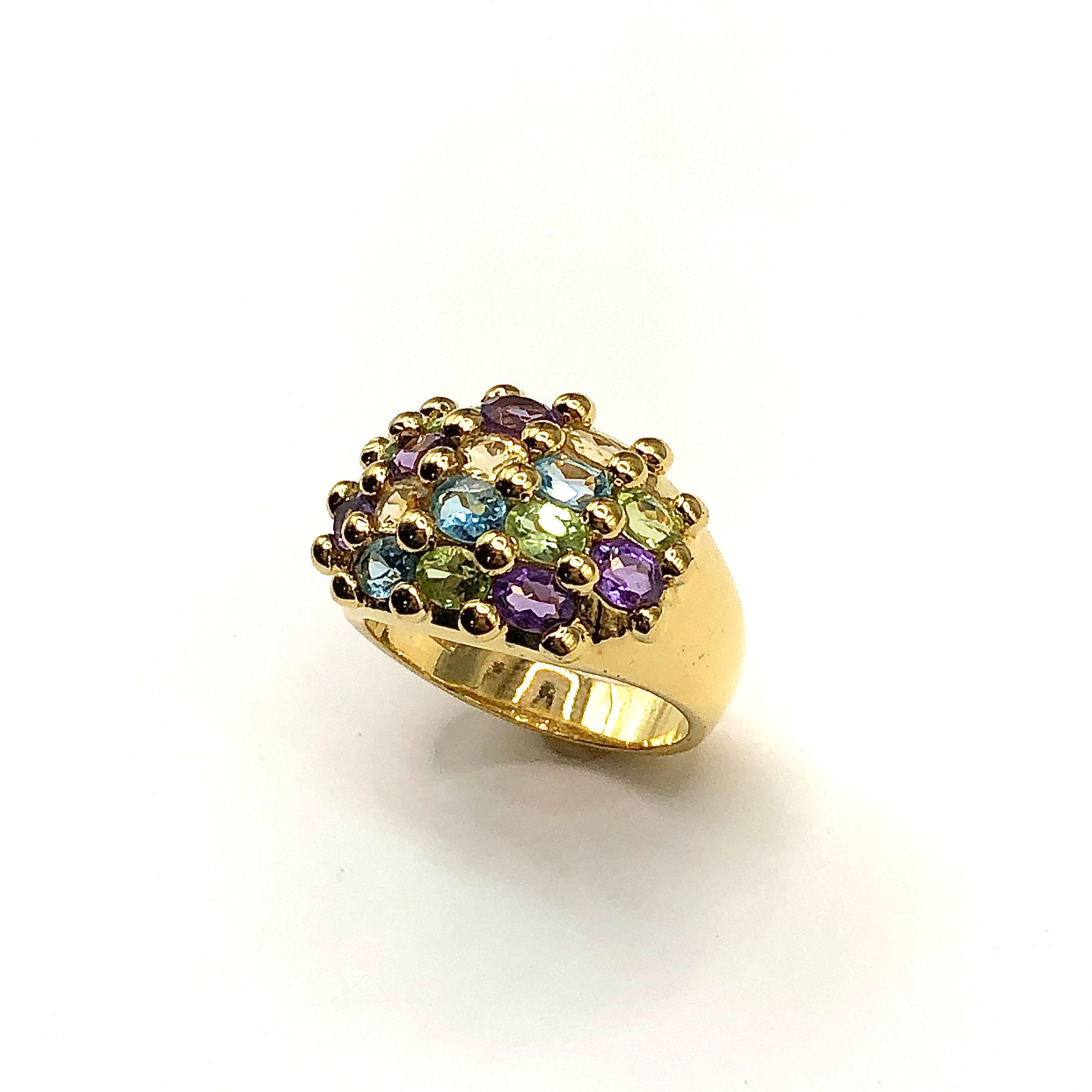 Gold Gemstone Ring, Perfectly Imperfect - Wide Domed Multi Stone Sterling Silver Gold Cocktail Ring size 7.25