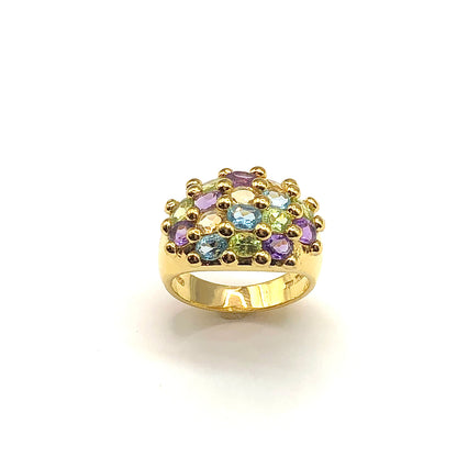 Gold Gemstone Ring, Perfectly Imperfect - Wide Domed Multi Stone Sterling Silver Gold Cocktail Ring size 7.25 - Estate Jewelry