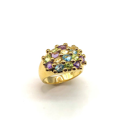 Gold Gemstone Ring, Perfectly Imperfect - Wide Domed Multi Stone Sterling Silver Gold Cocktail Ring size 7.25